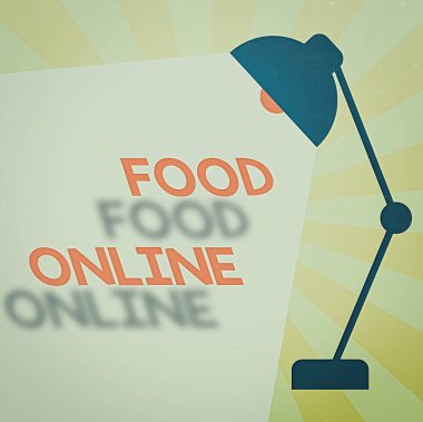 Food Online 'ı gösteren bir not yazıyorum. Bir web sitesinde doğrudan mağaza Masası Abajur Abajur Aydınlatma Ağı ile Metin için ayarlanabilir yiyecek çeşitlerini gösteren iş fotoğrafı.