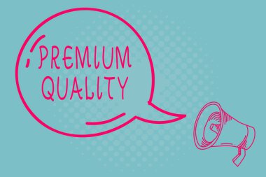 Premium Quality 'yi gösteren bir not yazıyorum. İş fotoğrafında, en yüksek standart Şeffaf Konuşma Köpüğü Parlayan ikonu ve Taslak Megafon seviyesine ulaşan bir marka gösteriliyor..