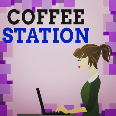 Kelime yazma Kahve İstasyonu. Genç Meşgul Kadın 'ın laptopunun üstünde çalışırken çekilmiş sıcak içecek fotoğrafı sunan küçük, gayri resmi bir restoran için iş konsepti..