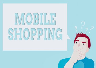 Mobil Alışveriş 'i gösteren kavramsal el yazısı. İş fotoğrafı metni, Mouth Question Mark simgesi simgesinde elini ifade eden bir cep telefonu kullanan bir adam tarafından yürütüldü.