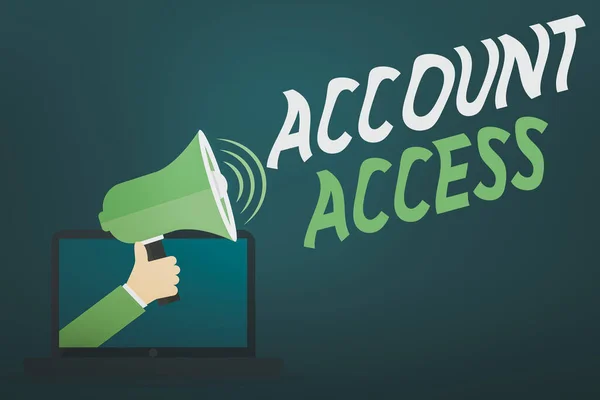 Word writing text Account Access. Business concept for full privilege for the owners to manage their an individualal data Hu analysis Hand Coming out of PC Monitor Holding Megaphone with Volume Icon. — Stock Photo, Image