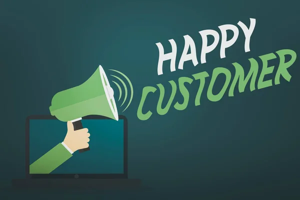 Woord schrijven tekst Happy Customer. Business concept voor de hoogste tevredenheid met de grondstof die ze kochten Hu analyse Hand coming out van PC Monitor Holding Megaphone met Volume Icon. — Stockfoto