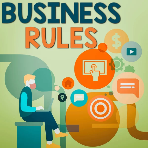 Woord schrijven tekst Business Rules. Business concept voor de principes die bepalend zijn voor de corporatie s is activiteiten Man Zitten met Laptop op zijn Lap en SEO Driver Icons op Blank Space. — Stockfoto