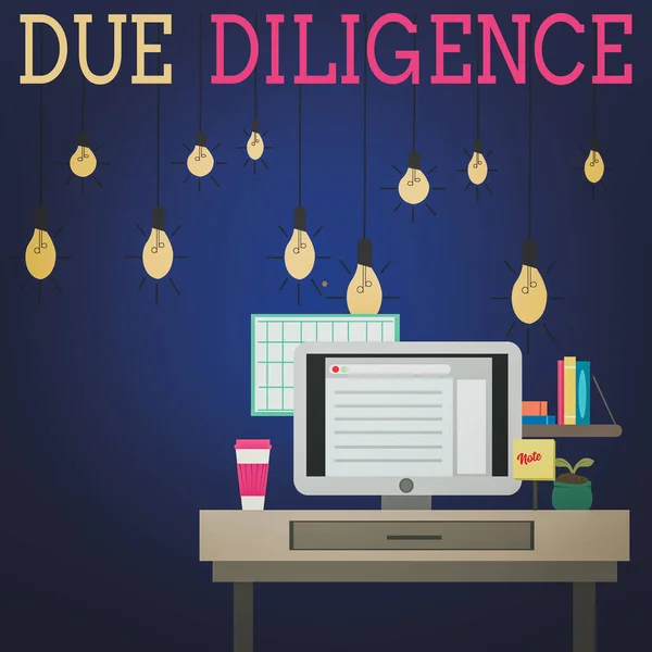 Письменный текст Due Diligence. Деловая концепция, позволяющая избежать нанесения ущерба другой бизнес-собственности для согласования фото внутренней рабочей станции Концепция технического лица . — стоковое фото