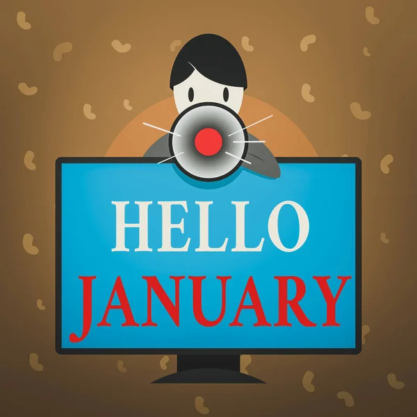 Konzeptionelle Handschrift, die Hallo Januar zeigt. Businesstext zur Begrüßung des 1. Monats des Jahres Mann hinter montiertem PC-Monitor spricht und hält Megafon. — Stockfoto
