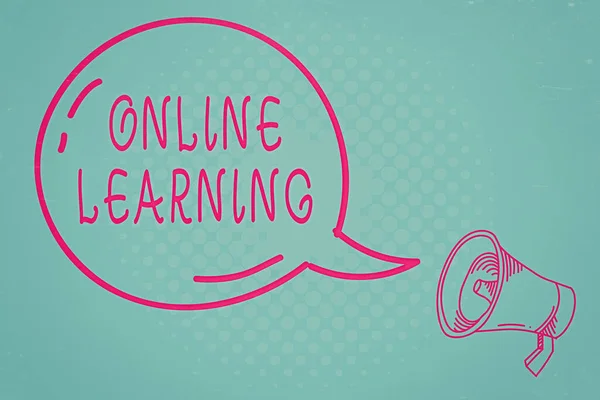 Writing note showing Online Learning. Business photo showcasing taking a course that can be accessed over the Internet Transparent Speech Bubble Shining icon and Outline Megaphone. — Stock Photo, Image