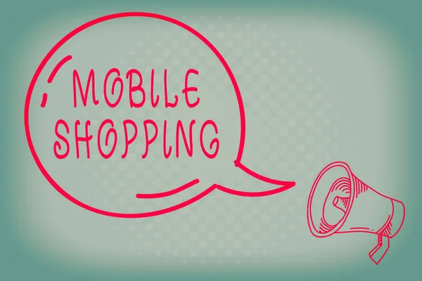Writing note showing Mobile Shopping. Business photo showcasing to purchase merchandise conducted using a cellphone Transparent Speech Bubble Shining icon and Outline Megaphone. — Stock Photo, Image