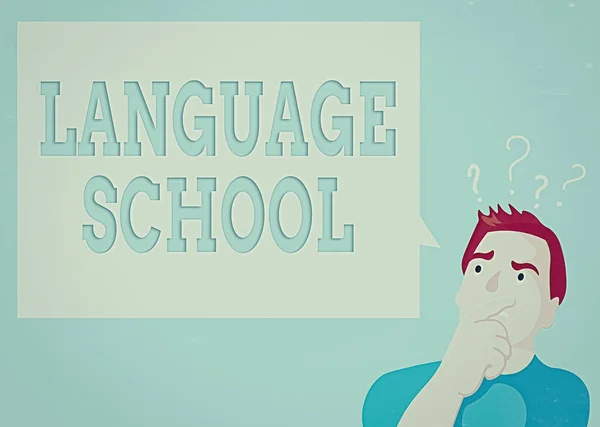 Conceptual hand writing showing Language School. Business photo text educational institution focusing on foreign languages Man Expressing Hand on Mouth Question Mark icon Text Bubble.