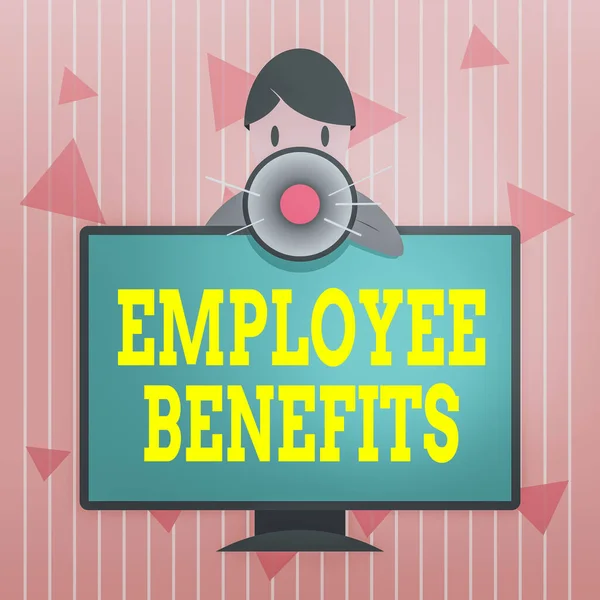 Handwriting text Employee Benefits. Concept meaning form of compensation paid by employers to workers Man Standing Behind mounted PC Monitor Screen Talking and Holding Megaphone.