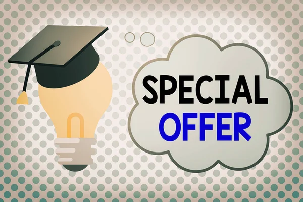 Conceptual hand writing showing Special Offer. Business photo showcasing selling product or service at a lower price to attract customer 3D Graduation Cap Resting on Bulb with Cloud Thought Bubble.