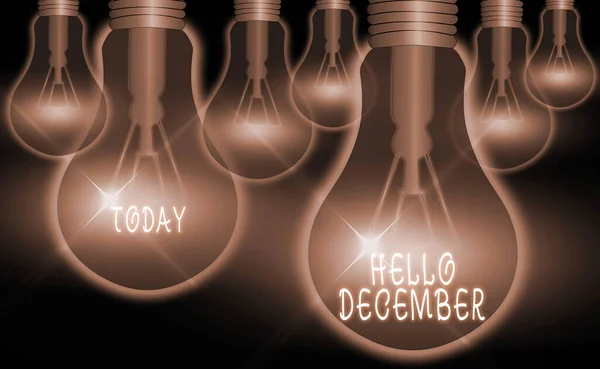 単語の書き込みテキストこんにちは12月。年の十二月を迎える際の挨拶の業務の概念. — ストック写真