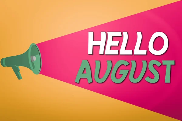 Signo de texto que muestra Hello August. Foto conceptual un saludo positivo para el mes de la temporada de verano Altavoz megáfono de medio tono con capacidad de volumen Amplíe el nivel de volumen . — Foto de Stock