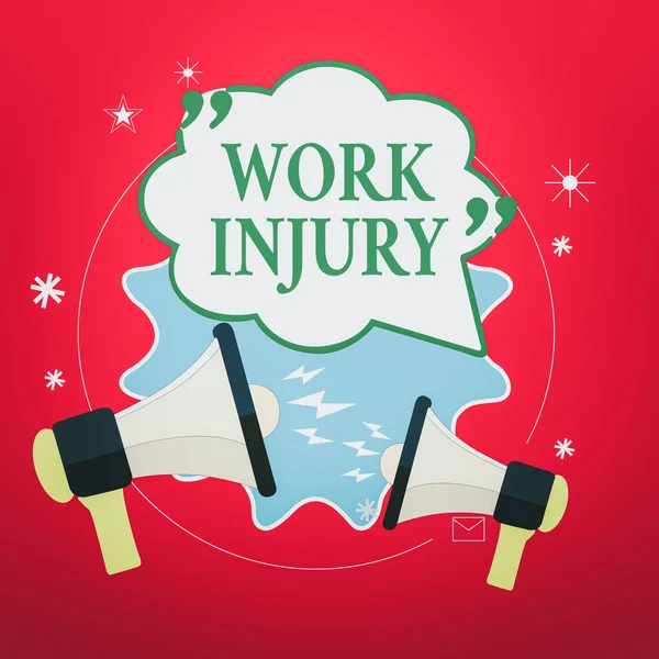 Handwriting text Work Injury. Concept meaning an accident occurred as a result of labor resulting to an damage Blank Speech Bubble with Quotation Mark Two Megaphones shouting and Arguing. — Stock Photo, Image