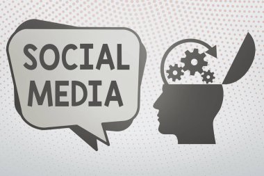 Sosyal medyayı gösteren bir not yazıyorum. İş fotoğraflarında çevrimiçi pazarlama ve akıllı telefon Hu analizi ile eğlenceli paylaşımlar Gears ve Bubble ile Üst Açık.