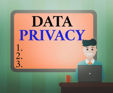 El yazısı veri gizliliği. Konsept, internet güvenliğinin ve internet sitesinin dijital korunması veya Masada Dizüstü bilgisayarlı Kupa ile Gülümseyen Adam 'ın arkasındaki Boş Sınır Tahtasının İndirilmesi anlamına geliyor.
