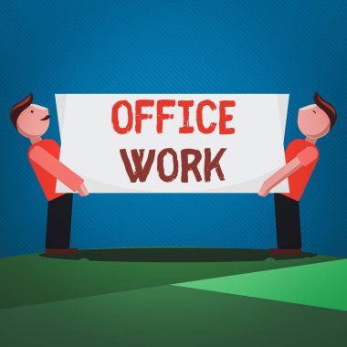 El yazısı ofis işi. Kavram, öncelikle ofis ortamında yapılan ve her iki tarafta da dikdörtgen şeklinde boş paneller taşıyan iki adamın çalışması anlamına gelir..