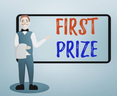 Birincilik ödülünü gösteren kavramsal el yazısı. İş fotoğrafı metni en çok istenen ödül sadece kazanan erkek garsona veriliyor Üniformalı El Sunan Menü Kurulu Üniformalı El Menüsü.