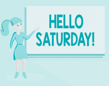 Kelime yazma mesajı. Merhaba Cumartesi. Hafta sonu Wo analizinin başında ifade edilen ve Konuşan El Ses Görüntüleme Ekranı 'nı sunan olumlu bir mesaj için iş konsepti.