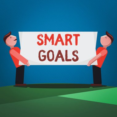 El yazısı Akıllı Hedefler. Her iki tarafta dikdörtgen boş panel taşıyan iki adamın hedef ve yön belirlemek için temel olarak kullanılan bellek anlamındaki kavram.