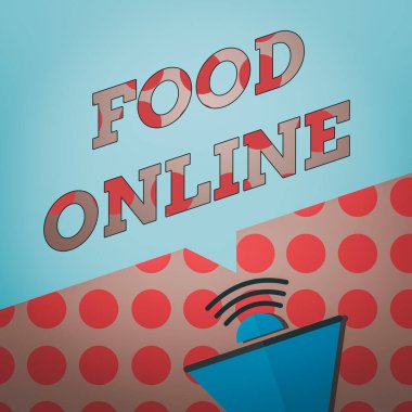 Yemek İnternetini gösteren kavramsal el yazısı. Bir web sitesinde kurulmuş iş fotoğraflarının çeşitliliği Megaphone Yarı Tonlama Ses simgesi ve Boş Konuşma Kabarcığı ile doğrudan sunuluyor.
