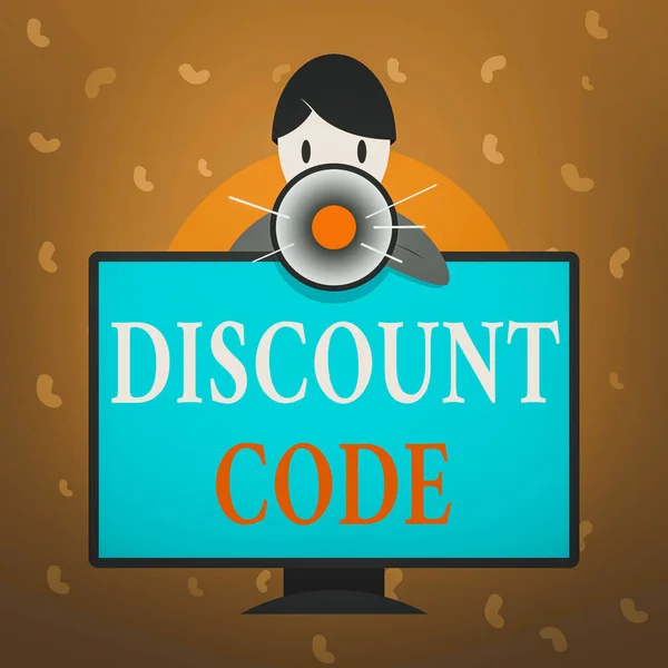 Conceptual hand writing showing Discount Code. Business photo text to reduce the price of a product with an individualalized voucher Man Behind mounted PC Monitor Talking and Holding Megaphone.