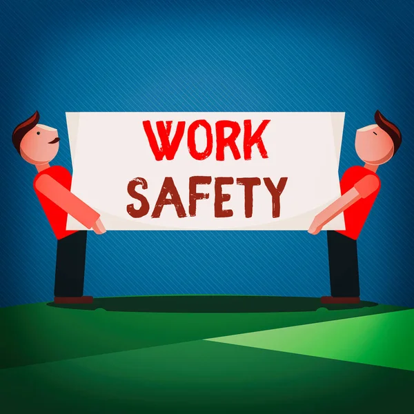 Testo calligrafico Sicurezza sul lavoro. Concetto che significa misure preventive applicate dalle imprese per proteggere la salute dei lavoratori Due uomini che trasportano pannelli rettangolari vuoti su entrambi i lati . — Foto Stock