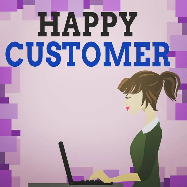 Word writing text Happy Customer. Business concept for highest satisfaction rate with the commodity they bought photo of Young Busy Woman Sitting Side View and Working on her Laptop. — Stock Photo, Image