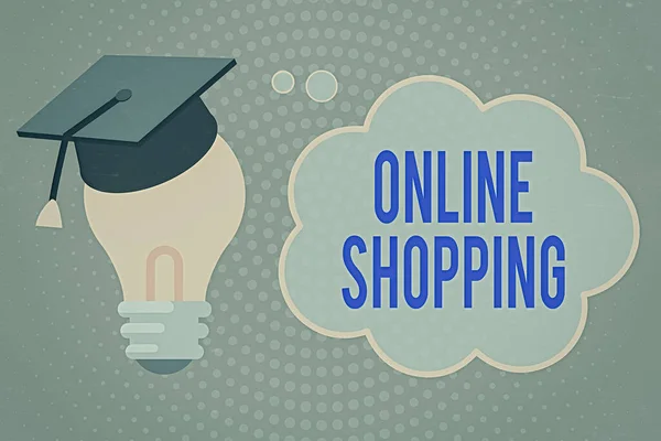 Χειρόγραφο κείμενο γραφής Online Shopping. Έννοια σημαίνει ecommerce που επιτρέπουν στον καταναλωτή να αγοράσουν αγαθά χρησιμοποιώντας το Internet 3D Graduation Cap Σκέψη Ξεκουράζεται σε λαμπτήρα με κενό σύννεφο φούσκα σκέψης. — Φωτογραφία Αρχείου