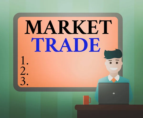 Handwriting text Market Trade. Concept meaning forex trading graph of financial investment or Economic trends business Blank Bordered Board behind Man Sitting Smiling with Laptop Mug on Desk.