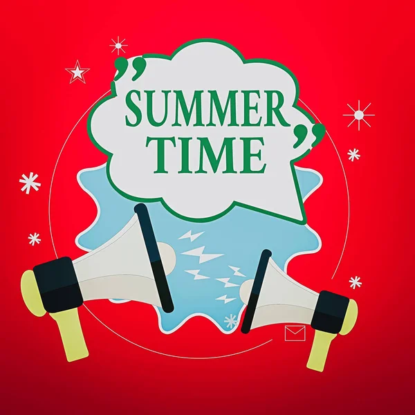 Handwriting text Summer Time. Concept meaning the hottest season of the year characterized by short nights Blank Speech Bubble with Quotation Mark Two Megaphones shouting and Arguing. — Stock Photo, Image