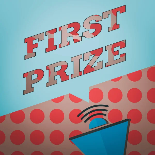 Conceptual hand writing showing First Prize. Business photo text most coveted prize that is only offered to the overall winner Megaphone Halftone with Sound icon and Blank Speech Bubble.