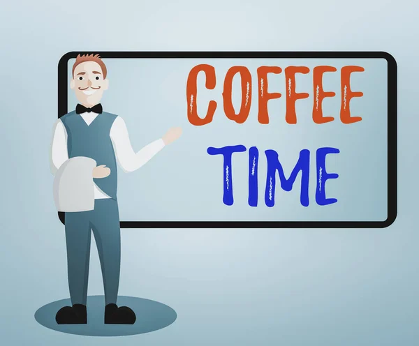 Konceptualny rękopis pokazujący czas kawy. Biznes zdjęcie tekst wybrany okres, gdy filiżanka kawy jest podawana i pijany Mężczyzna kelner stojący w mundurze strony prezentowanie Menu Board. — Zdjęcie stockowe
