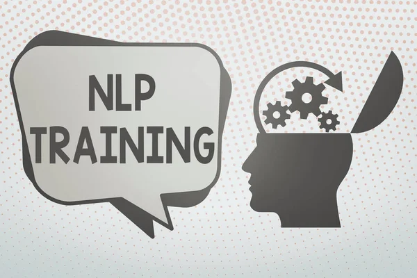 Escribiendo nota mostrando Nlp Training. Las palabras de presentación de fotos de negocios tienen enfoque de poder incluye seminario, entrenamiento, capacitación y asesoramiento Análisis de Hu Silhouette Topside Open con engranajes y burbujas . — Foto de Stock