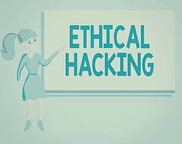 Texto de escritura de palabras Ethical Hacking. Concepto de negocio para un intento legal de romper una red para pruebas de penetración Análisis de Wo Standing Talking Hand Presentando pantalla de proyector audiovisual . — Foto de Stock