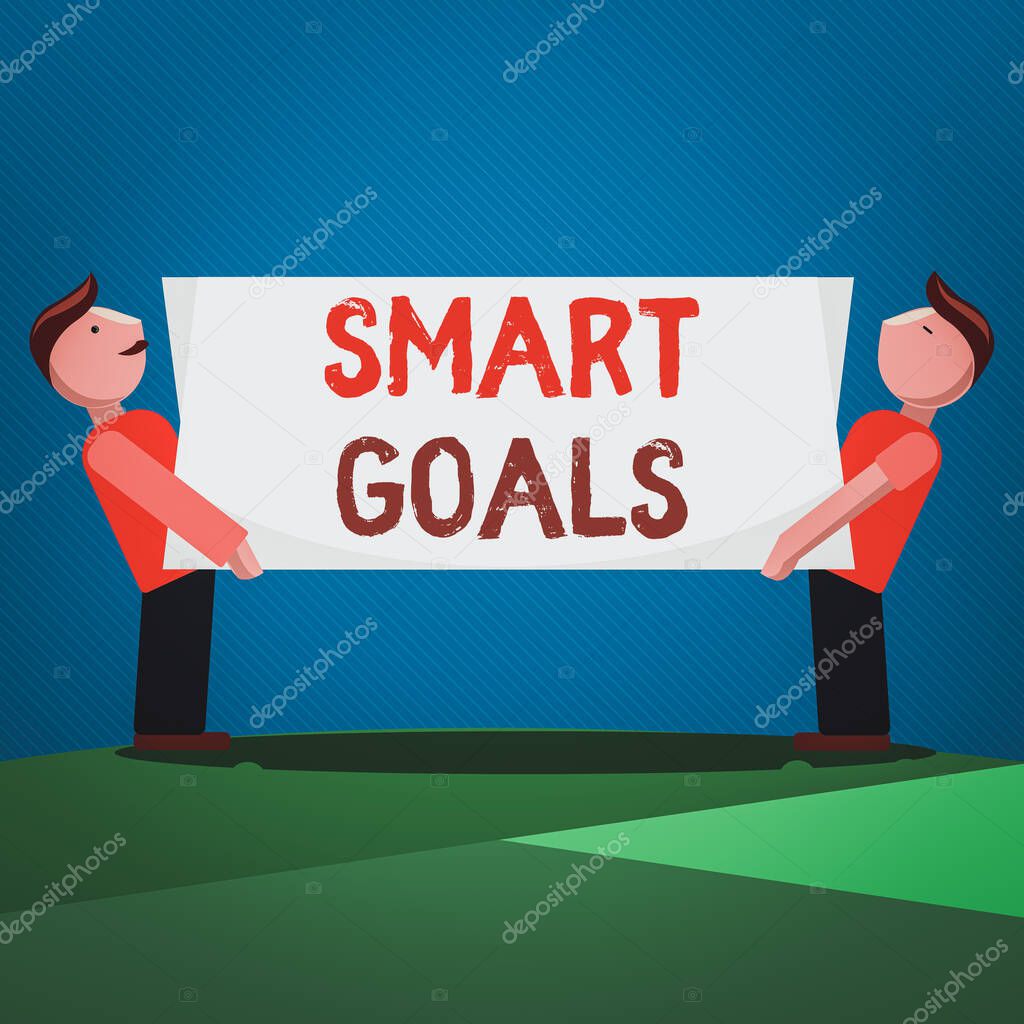 Handwriting text Smart Goals. Concept meaning mnemonic used as a basis for setting objectives and direction Two Men Standing Carrying Rectangular Blank Panel Board on Both Sides.