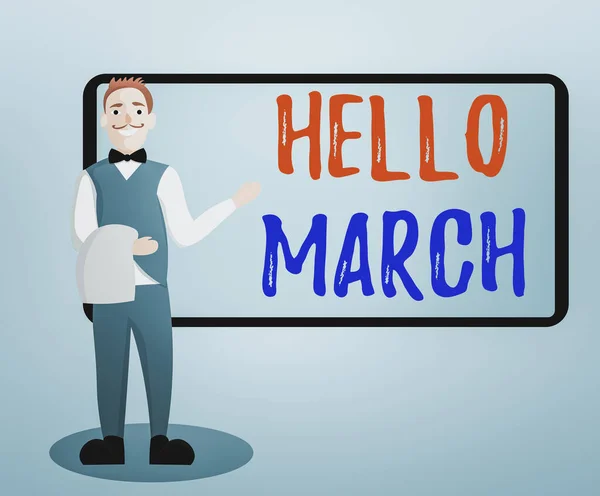 손 글씨는 〈 Hello March 〉 이 다. Business photo text used to welcome when the month in March male Waiter standing in Uniform Hand Presenting Menu Board. — 스톡 사진