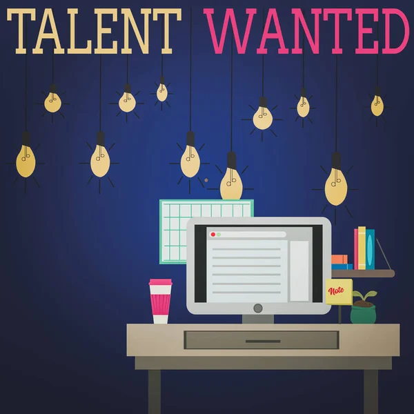 Ordskrivande text Talent Wanted. Affärsidé för metod för att identifiera och extrahera relevant begåvad bild av Interiör Arbetar rymdstation Begreppet teknisk person. — Stockfoto