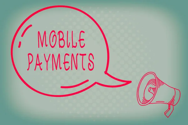 Writing note showing Mobile Payments. Business photo showcasing financial transaction processed through a smartphone Transparent Speech Bubble Shining icon and Outline Megaphone. — Stock Photo, Image
