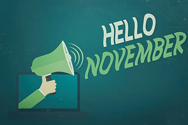 Текст письма Hello November. Бизнес-концепция приветствия, используемая при приветствии одиннадцатого месяца года Hu анализ Выход из PC Monitor Холдинг Мегафон с иконкой объема . — стоковое фото