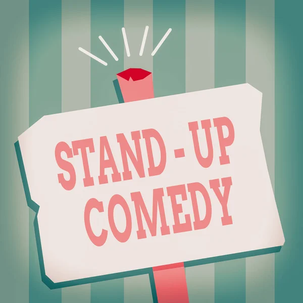 Word writing text Stand up Comedy. Business concept for a comic style where a comedian recites humorous stories Blank Old Weathered Signpost Geometrical Shape Halftone with One stand.