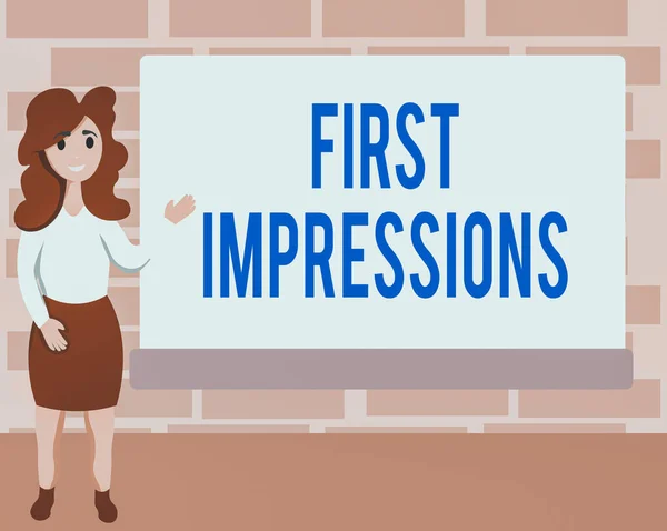 Word writing text First Impressions. Business concept for events when one an individual encounters another an individual Female Hu analysis Standing Hand Presenting Rectangular Blank Whiteboard. — Stock Photo, Image