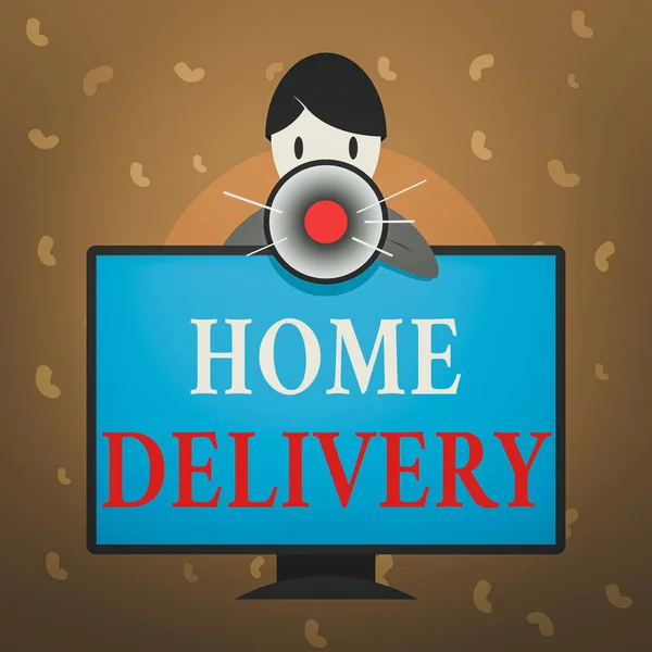 Conceptual hand writing showing Home Delivery. Business photo text All checkout items are directly sent to the buyer s is home Man Behind mounted PC Monitor Talking and Holding Megaphone. — Stock Photo, Image