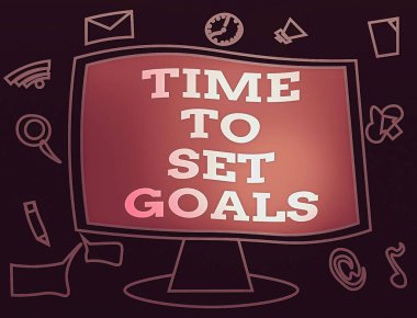 Hedefleri Belirleme Zamanını gösteren metin işareti. Kavramsal fotoğraf yönetimi ipuçları Kötü alışkanlıkları ortadan kaldırmak için eğitim başlat Web Uygulama Yazılım simgeleri Boş Bağlı Bilgisayar İzleyicisi.