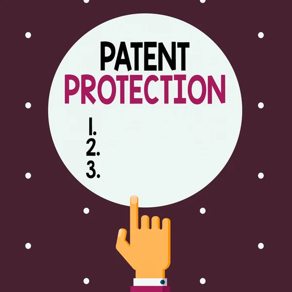 Testo di scrittura di parole Protezione dei brevetti. Concetto di business per fornire a una persona fisica o giuridica con diritti esclusivi analisi Maschio Hu Hand Pointing up Indice dito toccando Solid Color Circle . — Foto Stock