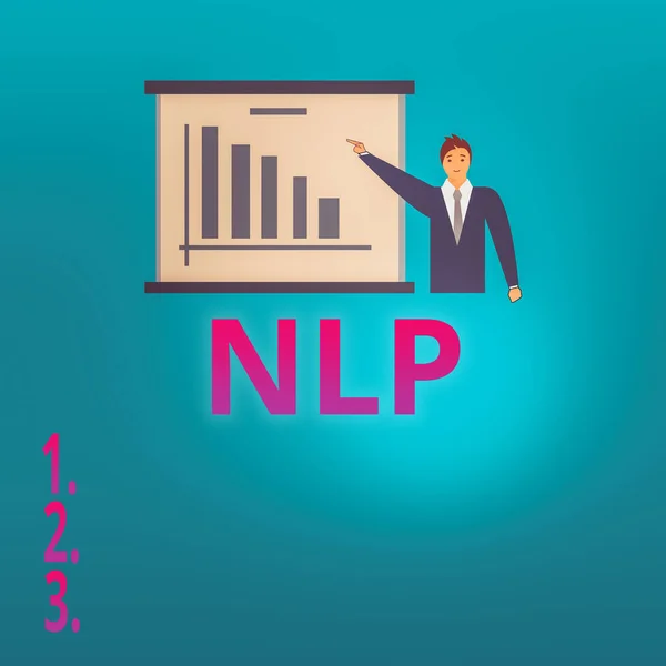 Conceptual hand writing showing Nlp. Business photo showcasing psychological approach involves analyzing strategies to reach a goal Man in Business Suit Pointing a Board Bar Chart Copy Space. — Stock Photo, Image