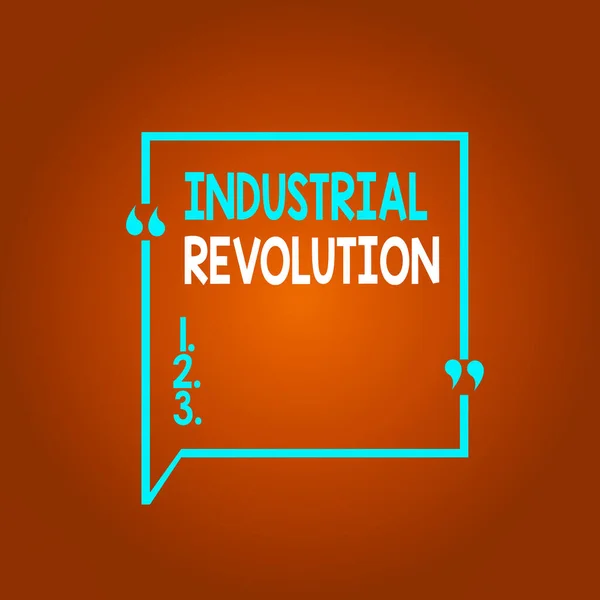 Konzeptuelle Handschrift, die die Industrielle Revolution zeigt. Geschäftsfotos, die Veränderungen in der Fertigungs- und Transportgüterindustrie zeigen, Quadratische Umrisse der Grenze mit Blasenangabe Zeichensetzung. — Stockfoto