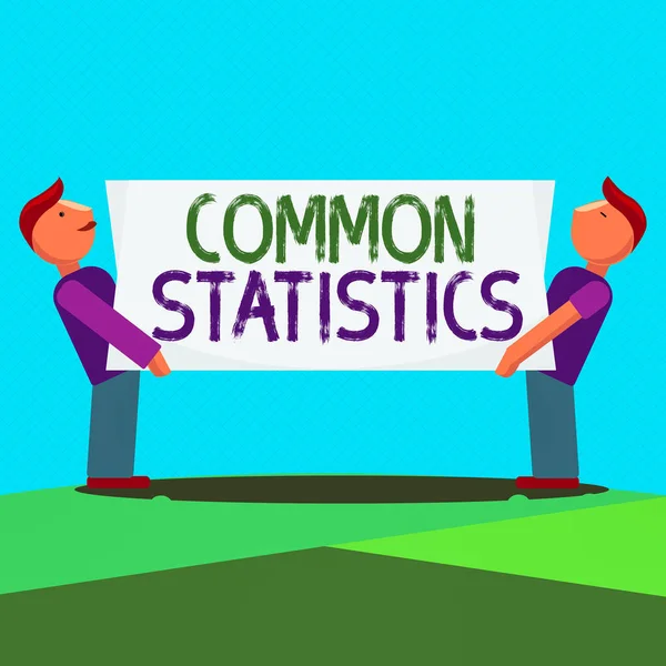 Text sign showing Common Statistics. Conceptual photo deals with collection analysis etc of numerical data Two Men Standing Carrying Rectangular Blank Panel Board on Both Sides. — Stock Photo, Image