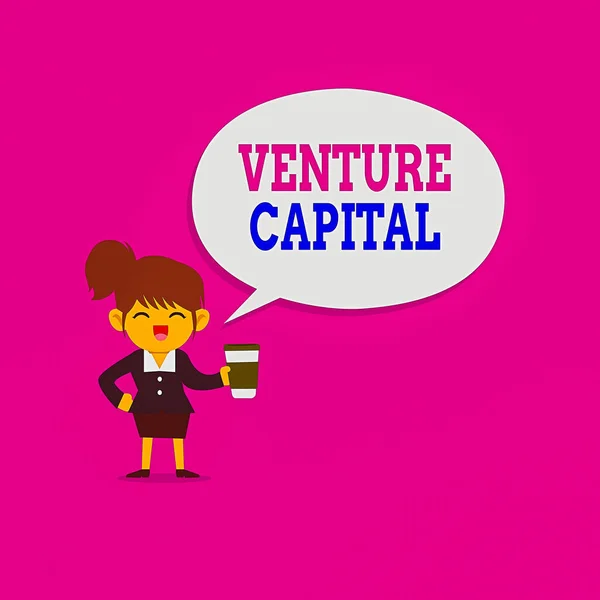 Venture Capital 'ı gösteren bir not yazıyorum. Üniformalı kahve kupası konuşması köpüklü yeni kadın Hu analizinin mülkiyet unsuruna yatırım yapmak için iş fotoğrafı sergisi. — Stok fotoğraf