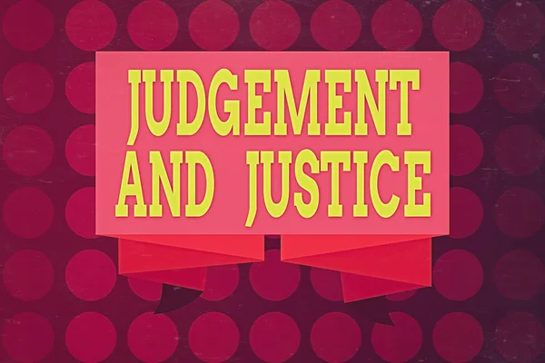 Word writing text Judgement And Justice. Business concept for law court proceedings to present evidence and finalize decision Ribbon Sash Folded and Pleated Decorative Banner Strip corrugated Riband. — Stock Photo, Image