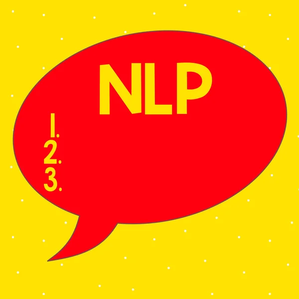 Word writing text Nlp. Business concept for psychological approach involves analyzing strategies to reach a goal Speech Bubble Oval Shaped in Solid Color Outlined Text Balloon with Tail. — Stock Photo, Image